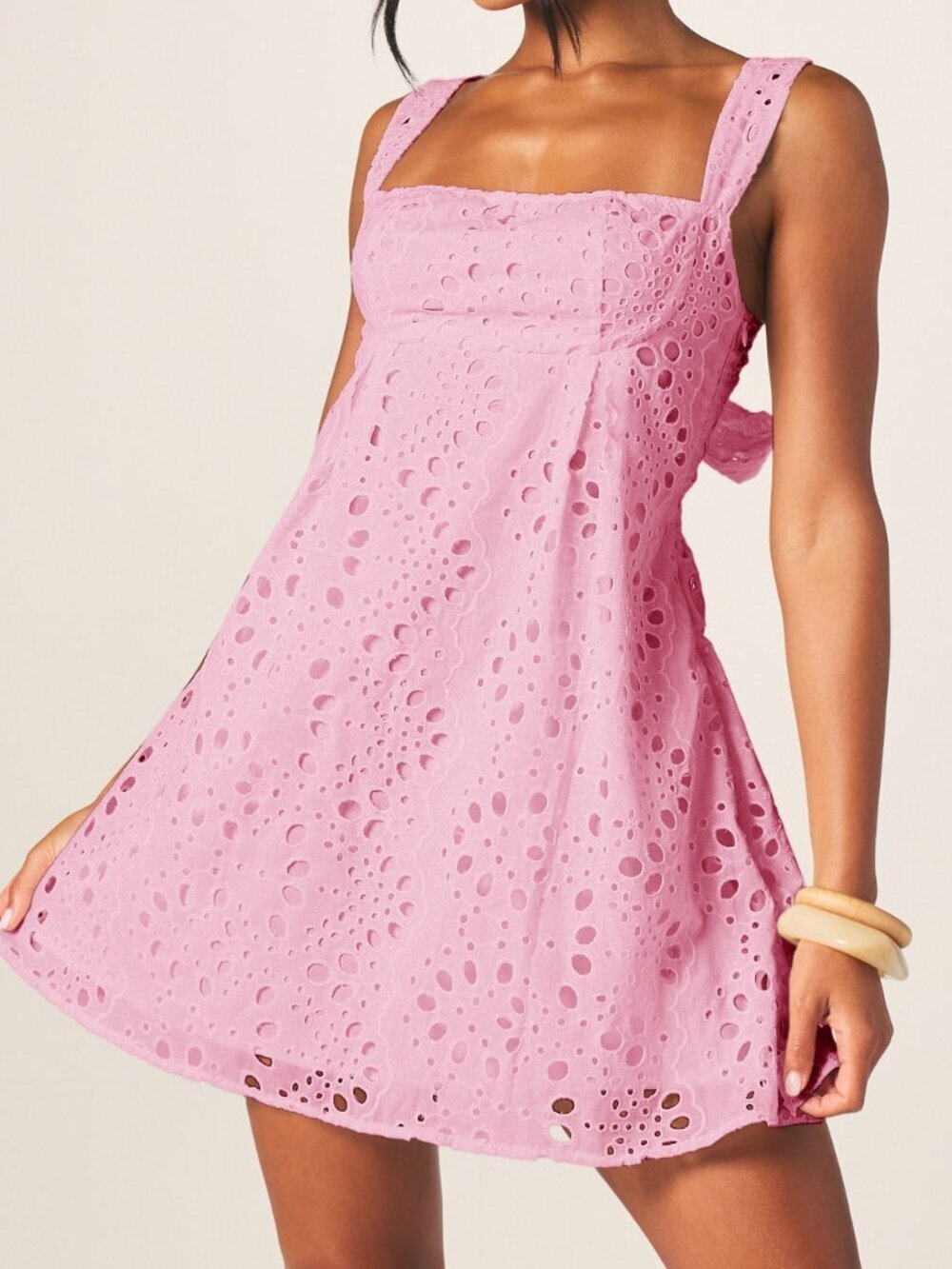 Pink Elegant Women's Eyelet Mini Dress with Bow Back